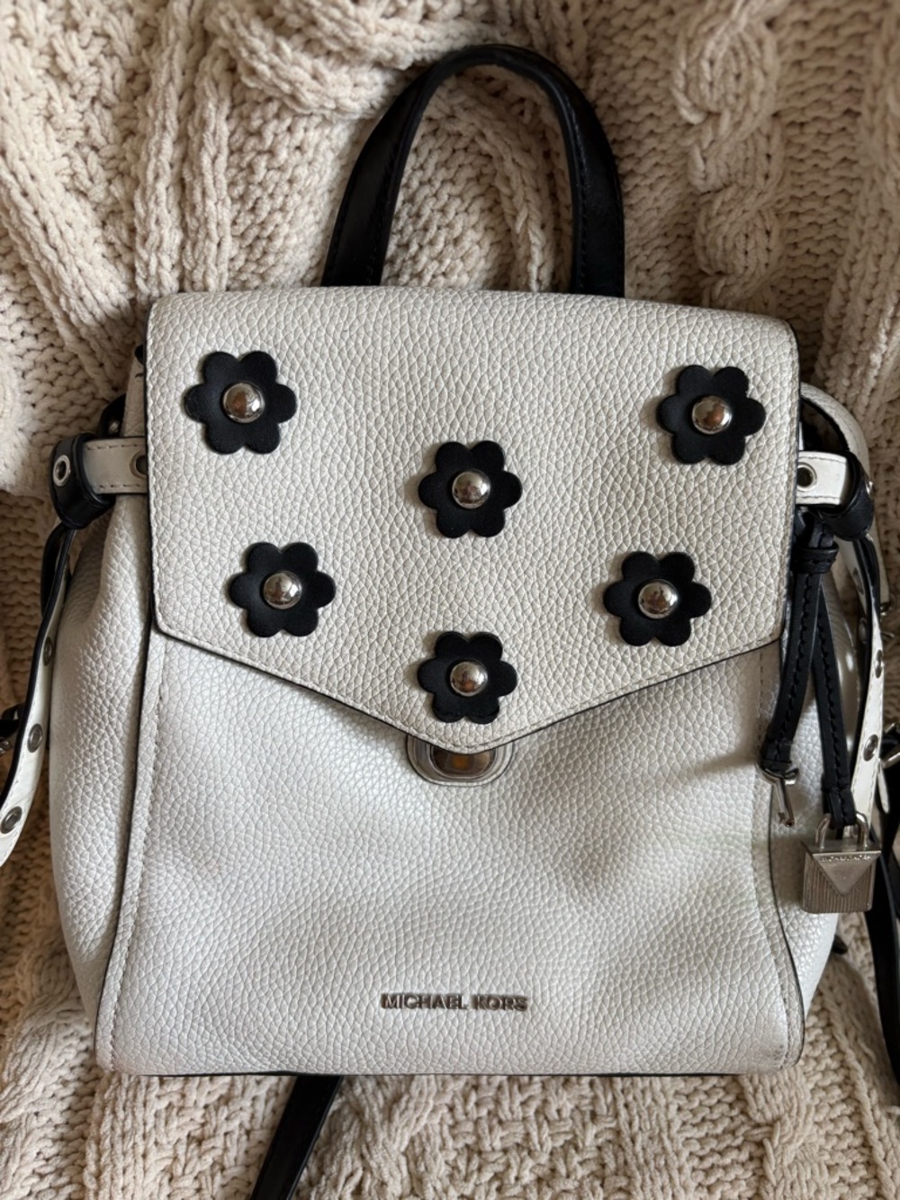 Michael Kors White Leather Backpack with Black Floral Studs